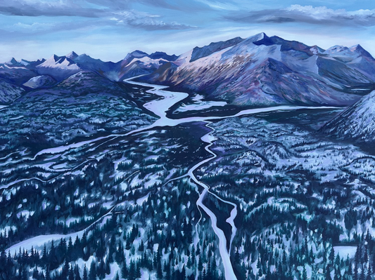 Landscape painting of Lake Clark in Alaska, surrounded by the Neacola and Chigmit Mountains. By artist AnnMarie Henderson.